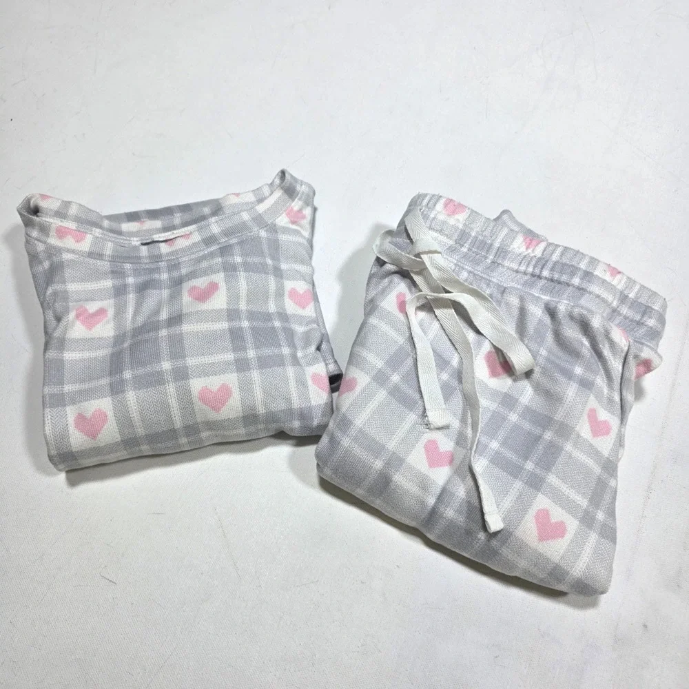 Loft Pajama Set Womens Large Gray Pink Heart Plaid Sleepwear Loungewear 2 Piece